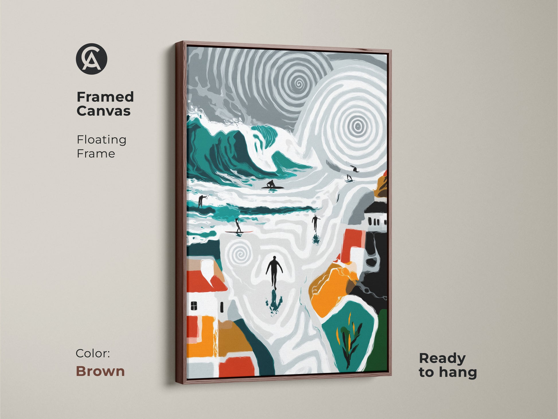 Framed canvas displaying abstract wave art with surfers. Brown floating frame complements the teal and orange hues. This surfing artwork is ready to hang offering a modern coastal aesthetic to any room.