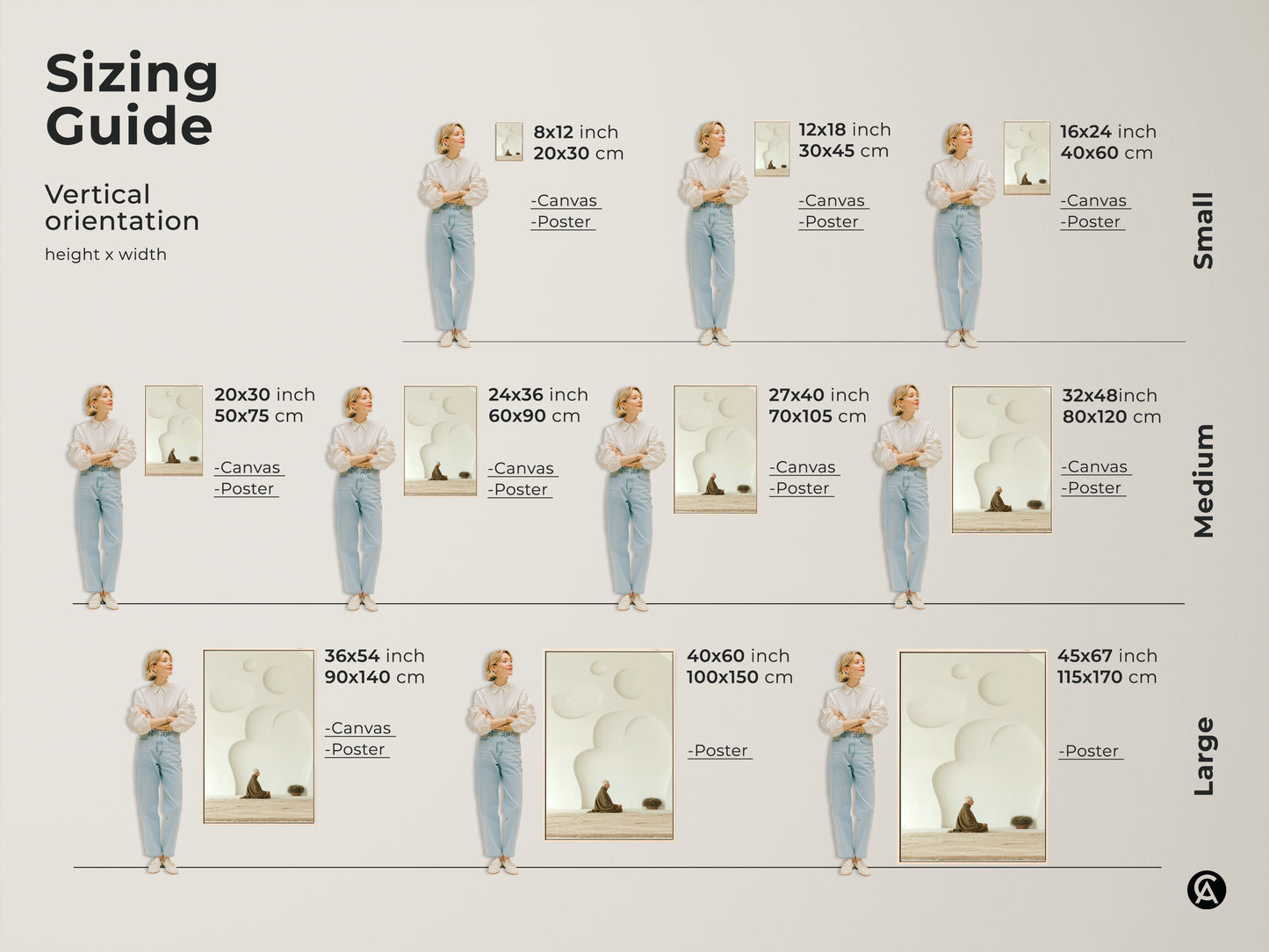 Sizing Guide for Zen elderly man meditation artwork in vertical orientation. Visualize the height and width dimensions for canvas and poster prints in small medium and large sizes. The minimalist cream art ensures the perfect fit for any space.