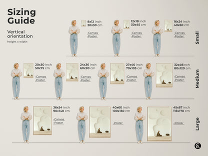 Sizing Guide for Zen elderly man meditation artwork in vertical orientation. Visualize the height and width dimensions for canvas and poster prints in small medium and large sizes. The minimalist cream art ensures the perfect fit for any space.