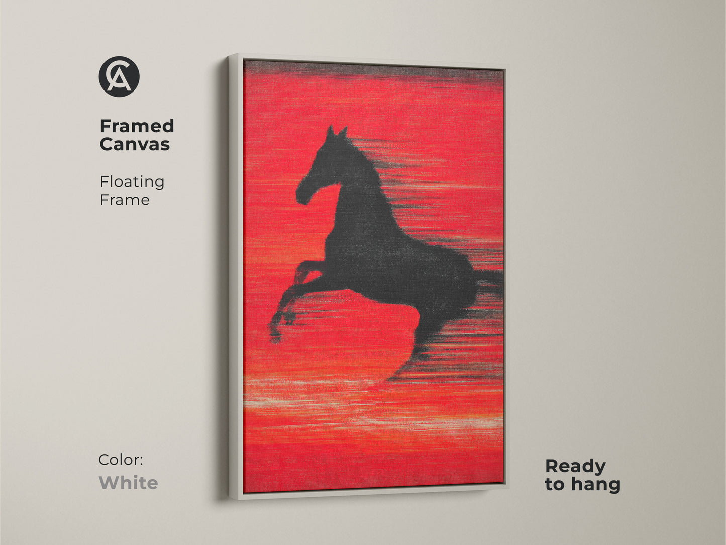 Framed canvas with a white floating frame displays the crimson abstract horse. This striking piece of animal art is ready to hang. It brings contemporary equestrian decor to your home. Perfect for those who appreciate red and black abstract art.