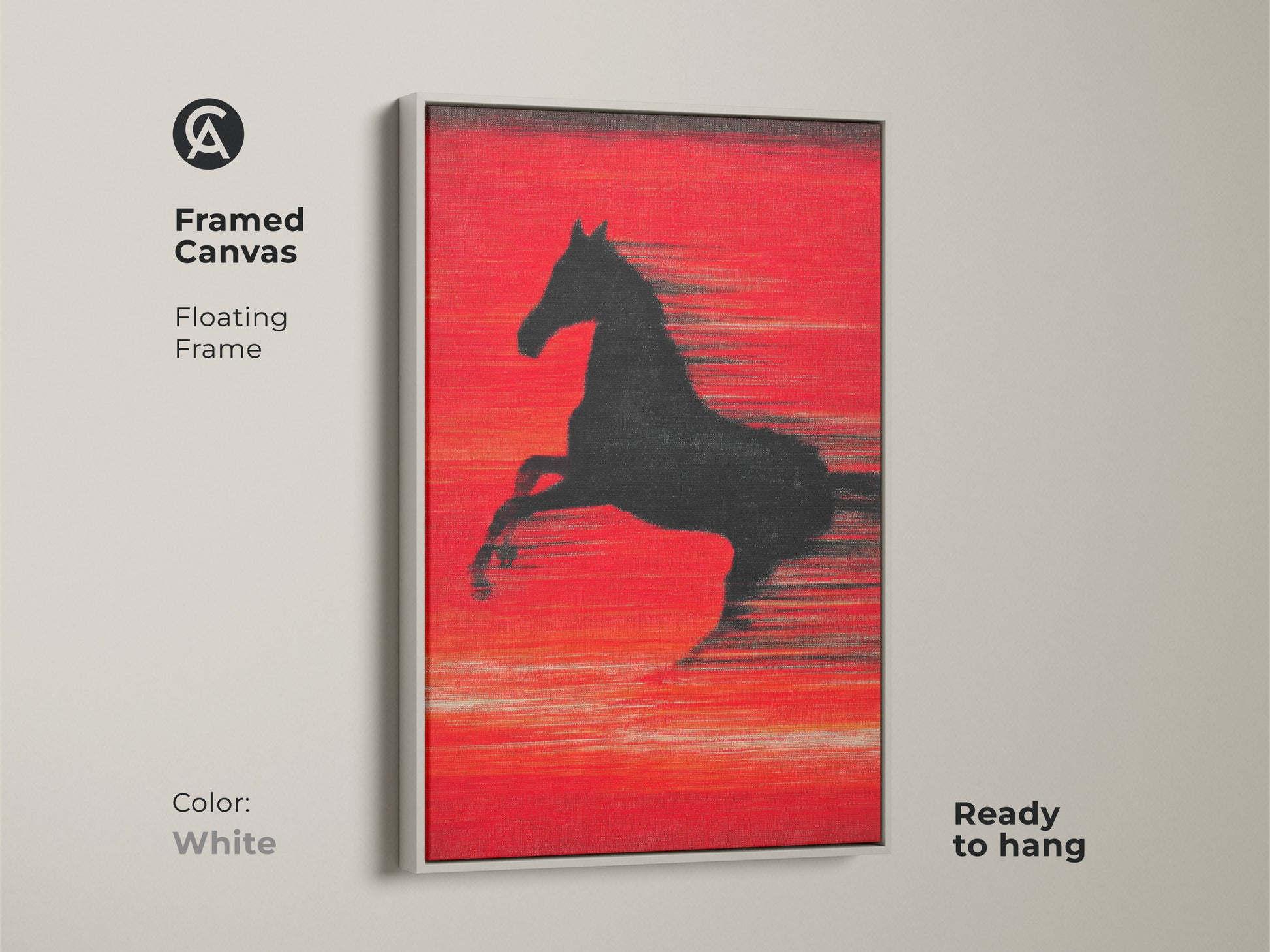 Framed canvas with a white floating frame displays the crimson abstract horse. This striking piece of animal art is ready to hang. It brings contemporary equestrian decor to your home. Perfect for those who appreciate red and black abstract art.