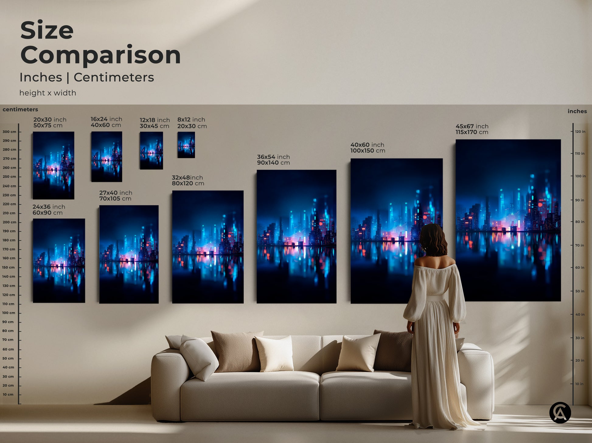 Size comparison of neon cityscape art prints in inches and centimeters. See how the artwork looks in different sizes above a sofa. Choose the ideal dimensions to complement your interior. Find the perfect art size.