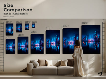 Size comparison of neon cityscape art prints in inches and centimeters. See how the artwork looks in different sizes above a sofa. Choose the ideal dimensions to complement your interior. Find the perfect art size.