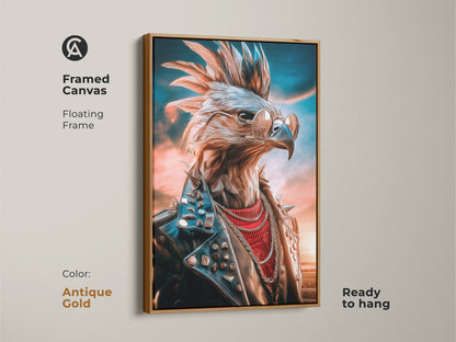 This framed canvas features a punk rock eagle wall artwork. The floating frame is in antique gold and ready to hang. It is a unique animal wall decor and perfect rock music fan gift. The eagle wears sunglasses and a studded leather jacket.