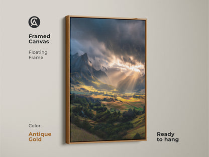 Antique gold framed canvas presenting a rustic mountain valley. Golden hour wall art captures the beauty of a grand landscape. This adventurous wall hanging is a sunlit mountain valley scene. Ready to hang and enjoy.