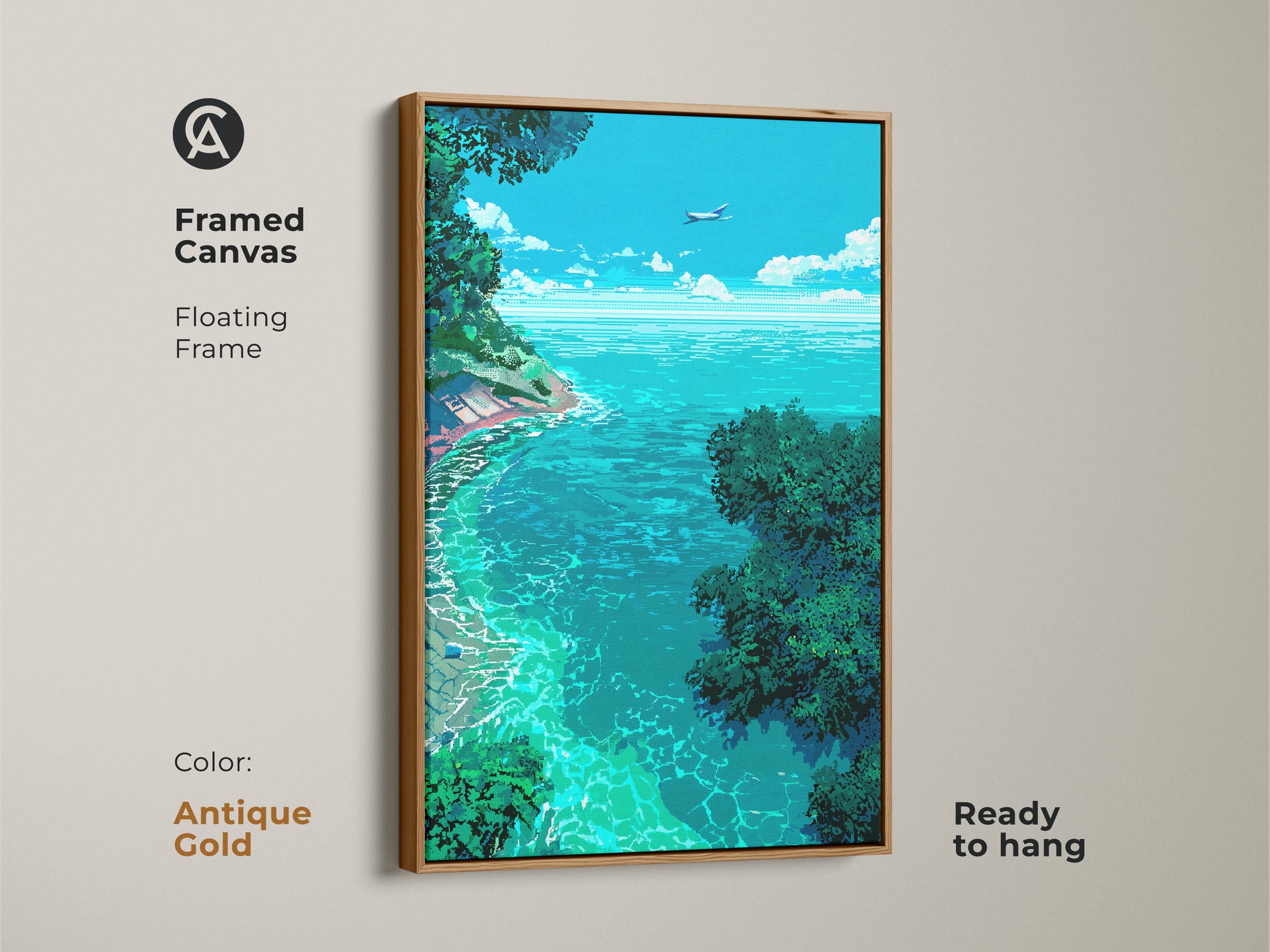 Antique gold framed canvas art presenting a pixelated tropical seascape. The artwork shows a vibrant ocean framed by green foliage and a blue sky with an airplane. The floating frame provides an elegant touch. Ready to hang.