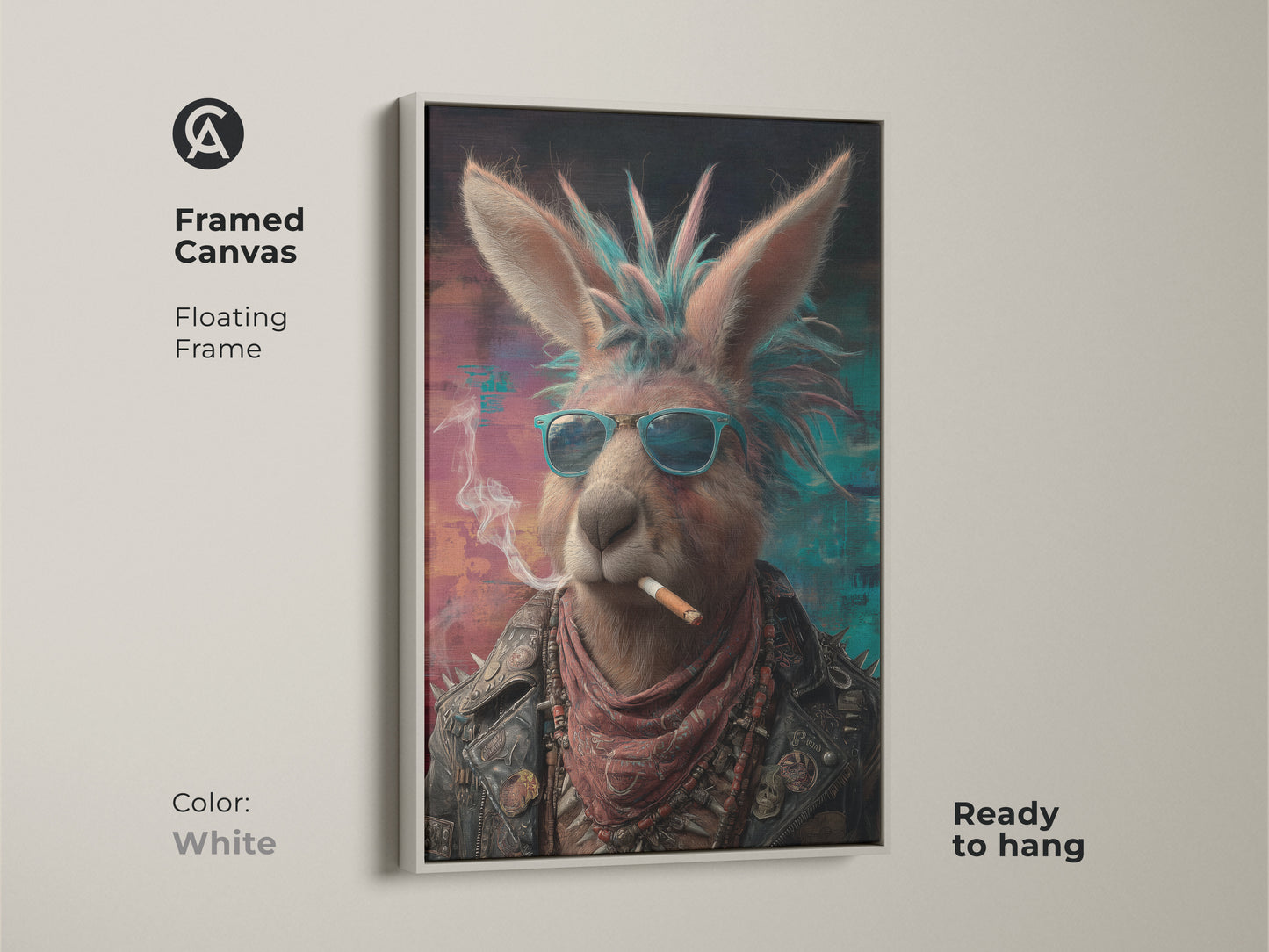 This is a framed canvas artwork of a Punk Kangaroo with a floating white frame. It's ready to hang. It's a unique portrait of an animal wearing a leather jacket and sunglasses. The artwork adds a rock-and-roll vibe to any room. The vibrant teal and pink colors create a modern edgy feel. This piece would make a great artistic wall hanging decor gift.