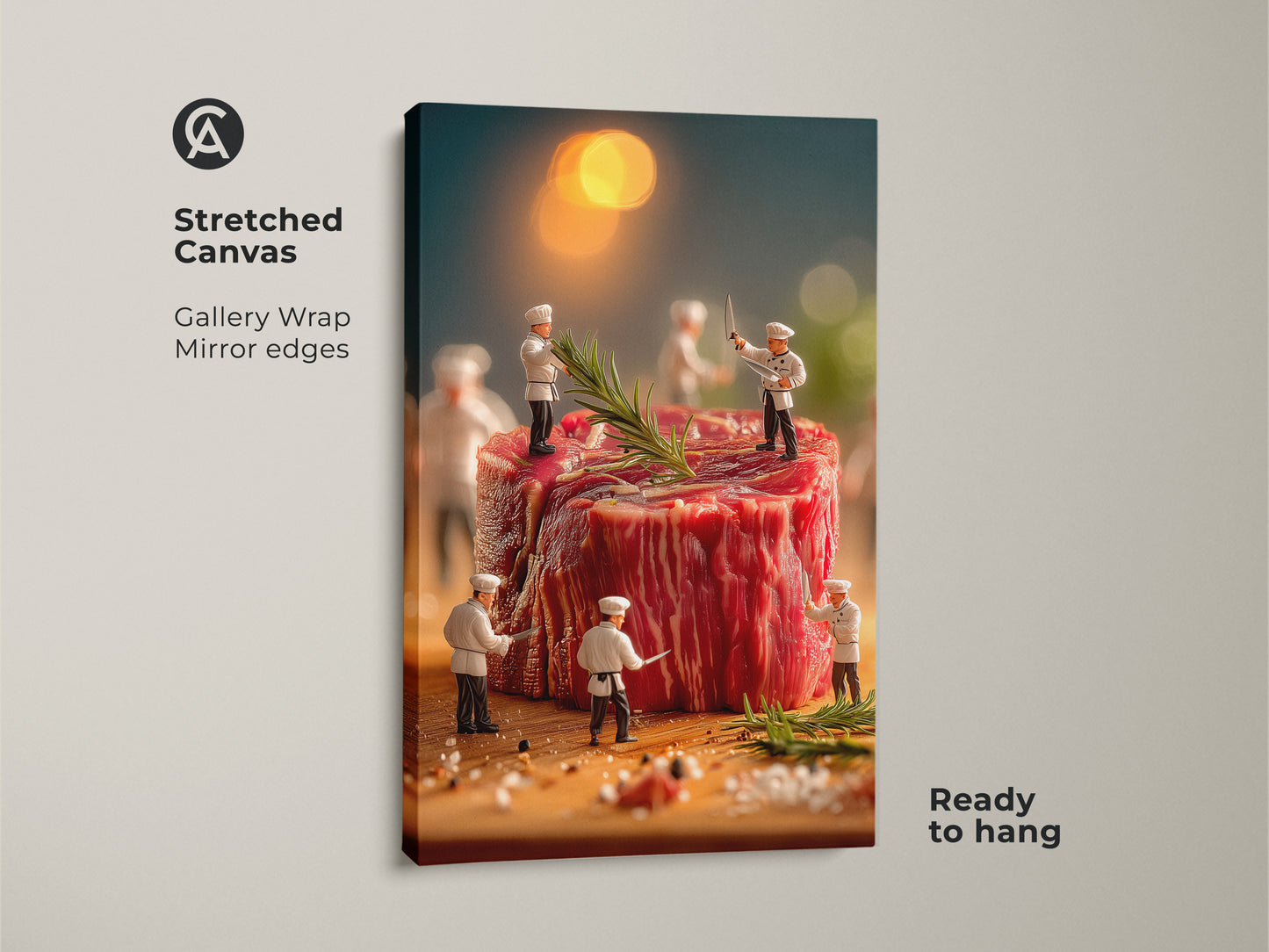 Stretched canvas artwork featuring miniature chefs around a huge steak. Gallery wrapped with mirrored edges this artwork is ready to hang. The art captures a culinary scene with rosemary and spices. Ideal for adding a gourmet touch to your kitchen or dining room wall art.