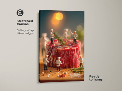 Stretched canvas artwork featuring miniature chefs around a huge steak. Gallery wrapped with mirrored edges this artwork is ready to hang. The art captures a culinary scene with rosemary and spices. Ideal for adding a gourmet touch to your kitchen or dining room wall art.