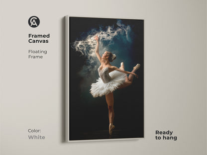 Framed canvas art of a ballerina with a white floating frame. Ready to hang this artwork features a dancer in a graceful pose with a magical smoke effect. The white frame offers a clean modern look. Perfect for minimalist interiors.