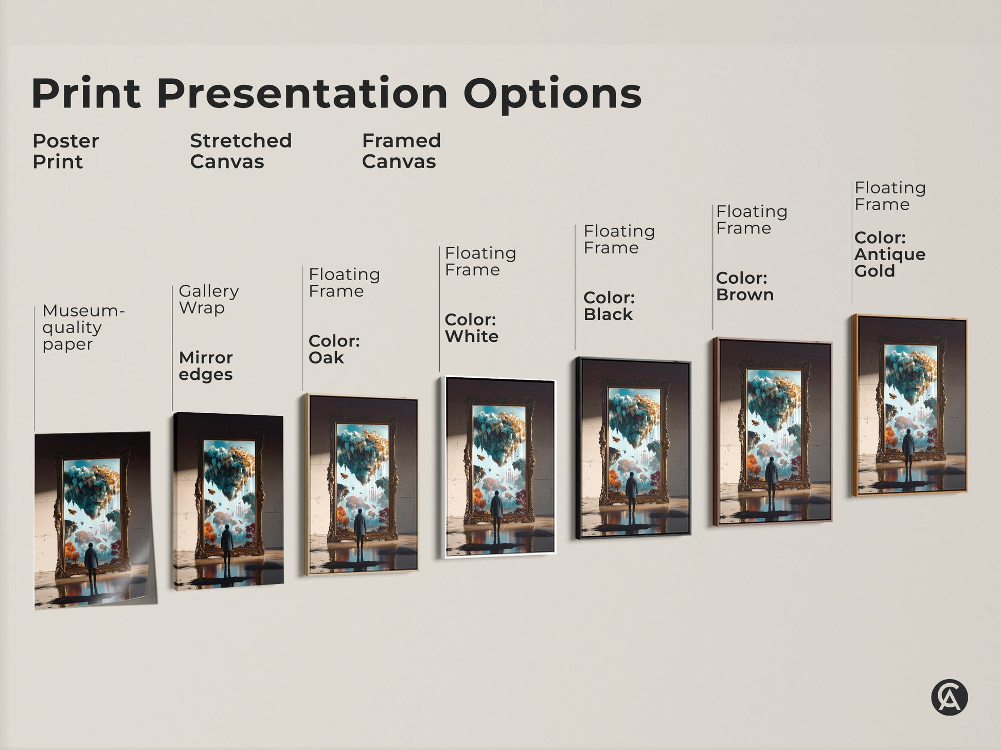 Explore print presentation options for surreal floating islands art. Choose from poster prints or stretched canvas. Options include framed canvas with various colors. Find the perfect art for your space.