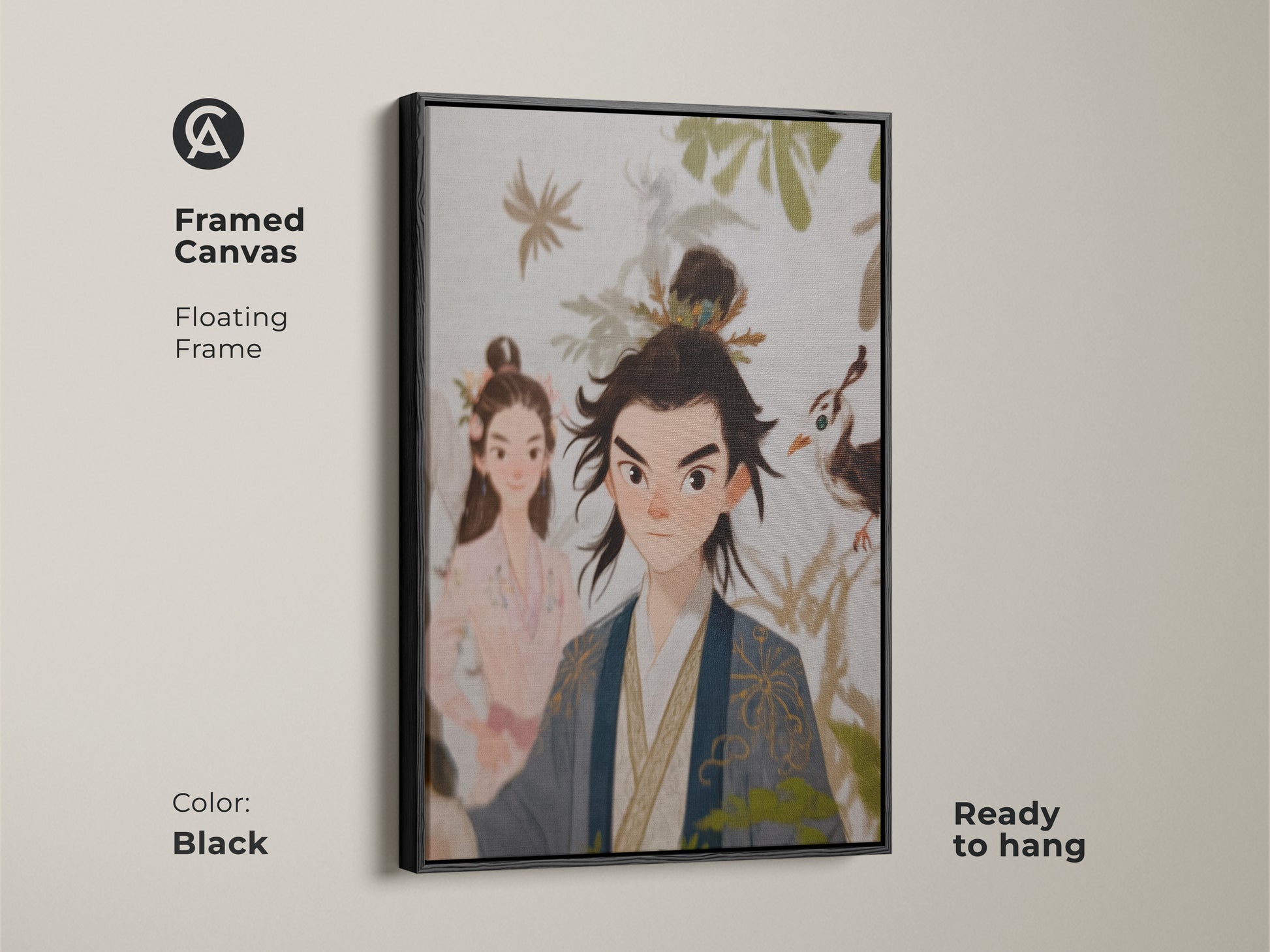 Framed canvas with black floating frame featuring a traditional Chinese couple. Ready to hang. This couple art print wall decor is an anniversary gift for a married couple. Beige blue green wall art adds eclectic home decor art.