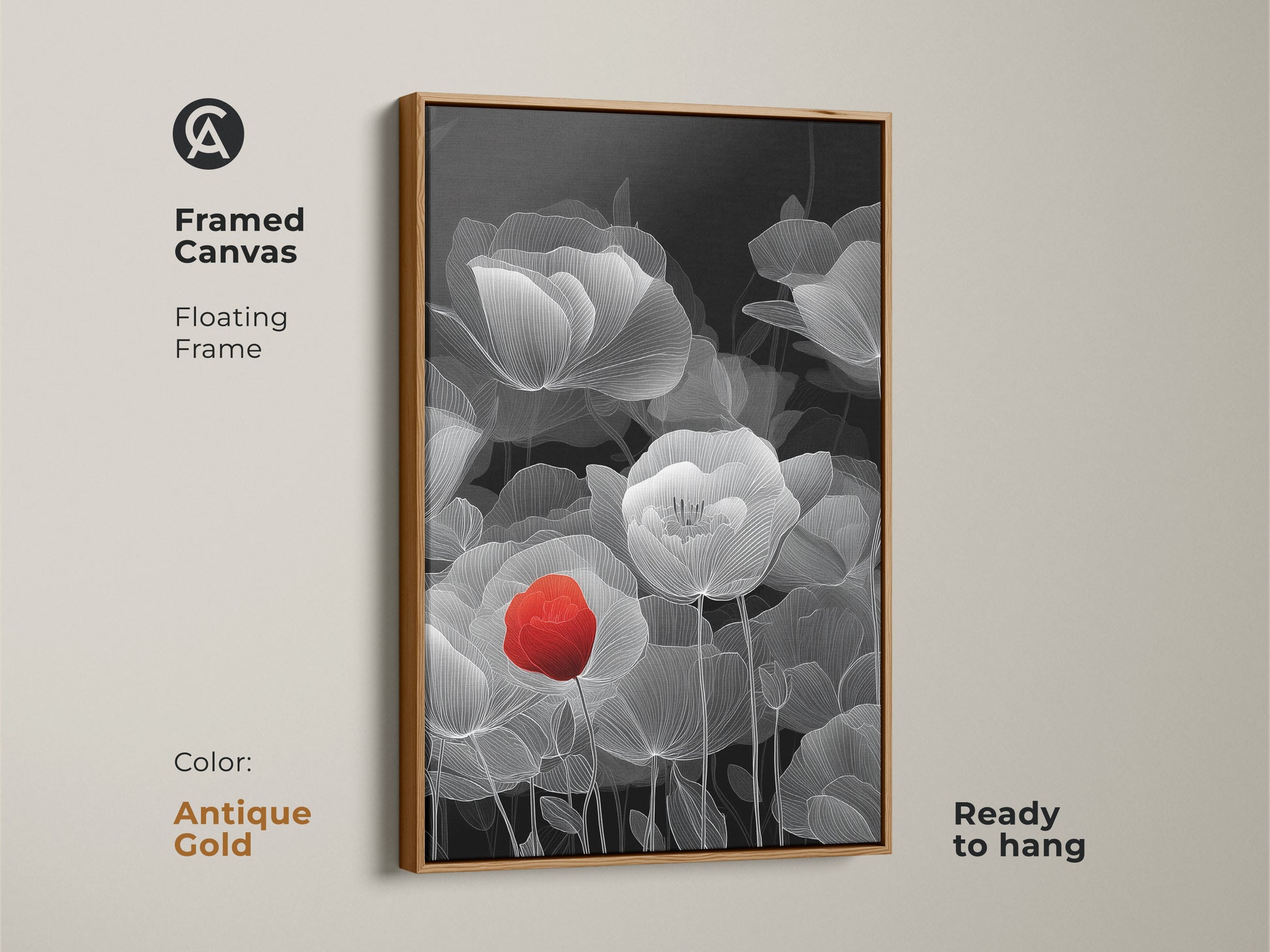 Antique gold framed canvas showcasing abstract botanical line art. The red poppy brings a pop of color to the black and white floral artwork. This contemporary art is ready to hang. Minimalist home accent for elegant wall decor.