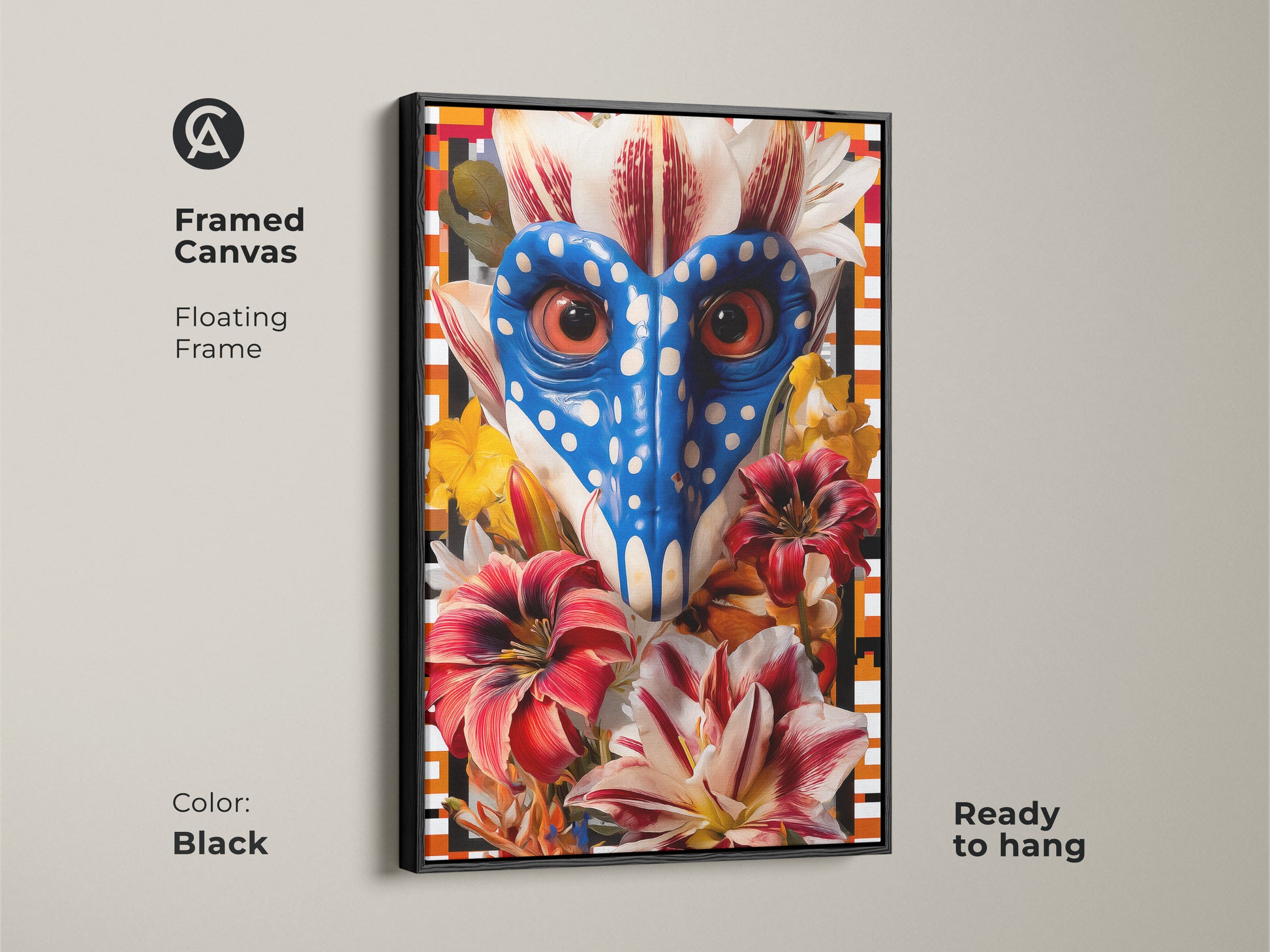 Framed in black this canvas presents a surreal mandrill face lily collage. The floating frame accentuates the blue red orange floral art. This eclectic animal wall art is ready to hang offering a unique pop art piece.