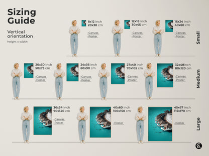 Sizing guide for minimalist overwater bungalows art. Vertical orientation options include small medium and large sizes. Find the perfect canvas or poster print to match your space. Enjoy this contemporary travel artwork.