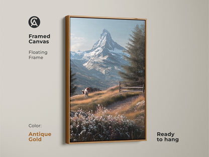 Antique gold framed canvas featuring Matterhorn mountain landscape art. This floating frame canvas is ready to hang. The artwork shows a cow grazing in a wildflower meadow. The iconic Swiss Alps peak is in the distance.