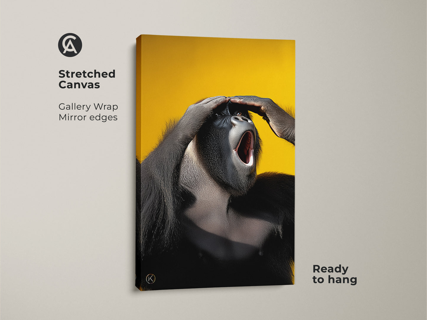 Stretched canvas print of a photorealistic gorilla. The primate portrait is set against a vibrant yellow background. Gallery wrapped with mirror edges. It's a ready to hang animal lover gift.