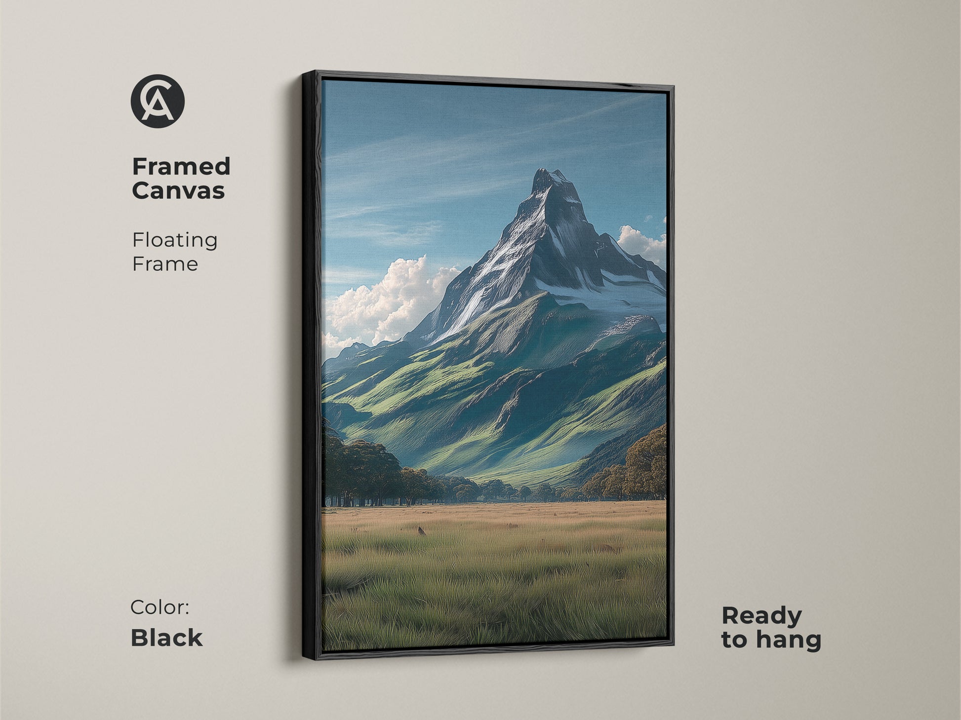 Framed canvas art print featuring a floating frame with a black color. This realistic mountain landscape adds a touch of nature beauty. It is ready to hang. The artwork is ideal for enhancing bedroom or office decor with an outdoor adventure theme.