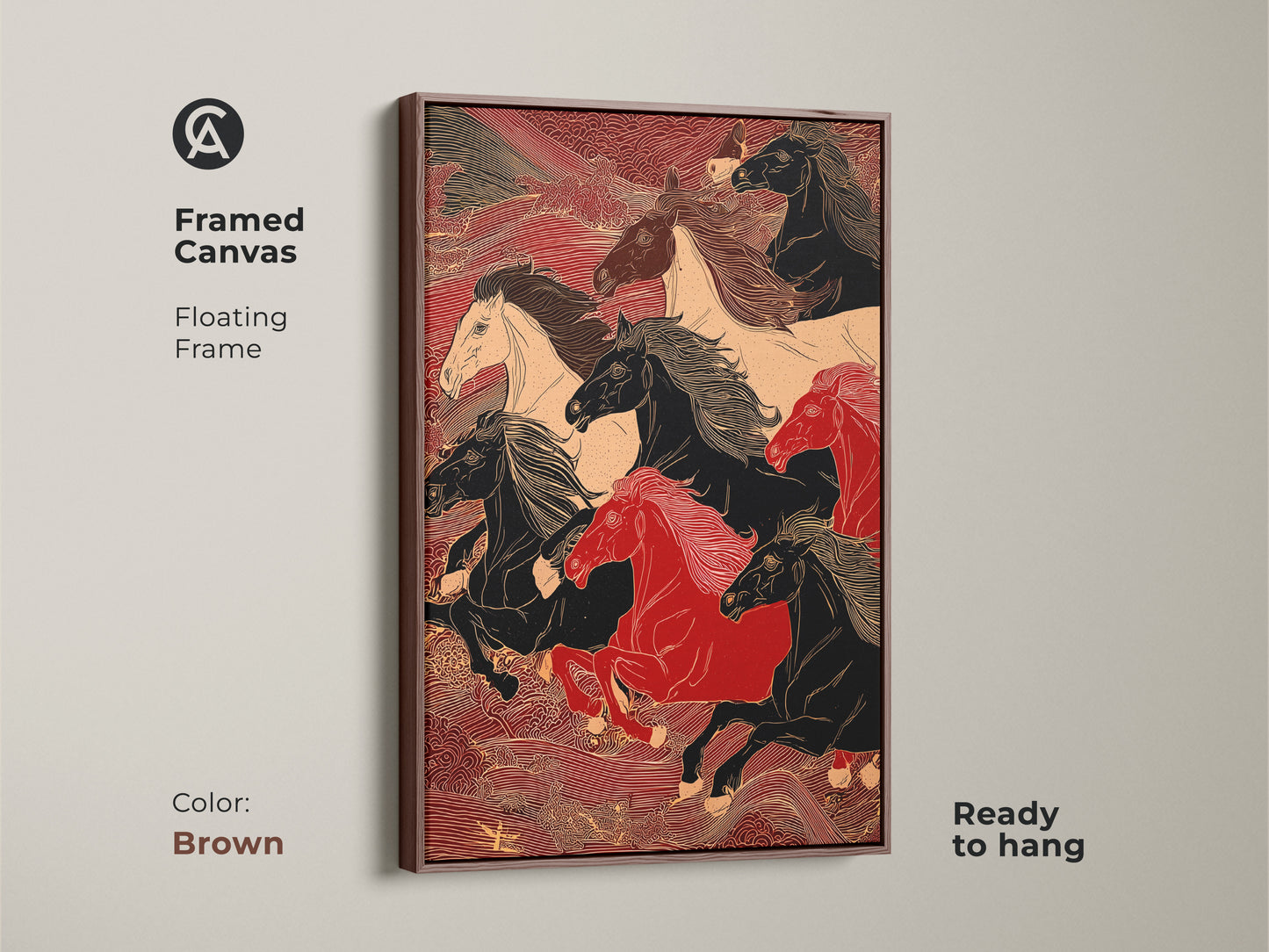 A framed canvas featuring running horses. The artwork has a floating brown frame. The horses are black red and white. This is perfect for home decor. It is ready to hang.