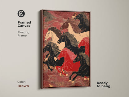 A framed canvas featuring running horses. The artwork has a floating brown frame. The horses are black red and white. This is perfect for home decor. It is ready to hang.