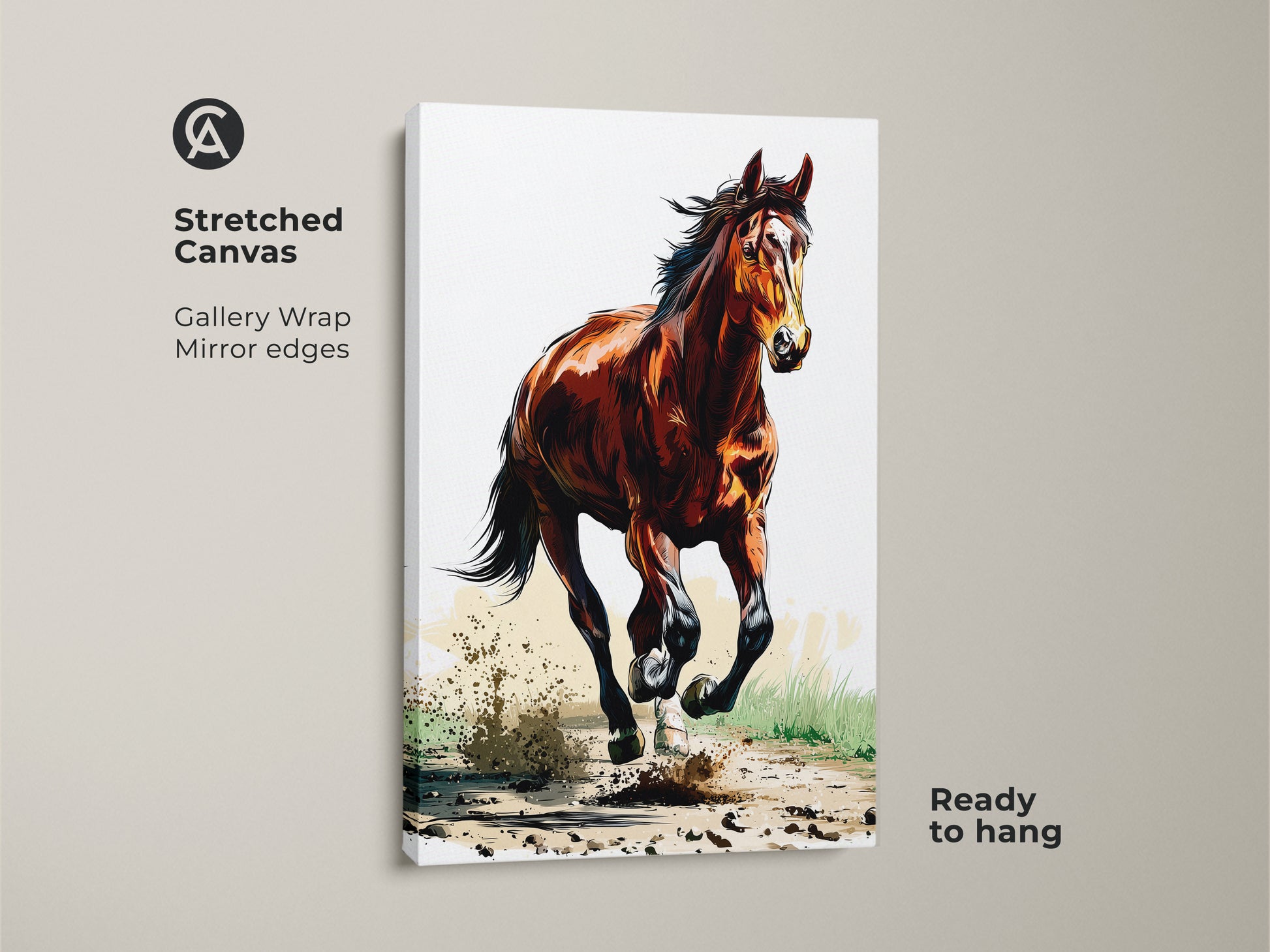 Stretched canvas of a galloping horse. The sienna brown horse art is ready to hang. Gallery wrapped with mirror edges adds a modern touch. Rustic equestrian wall art showcases animal action. It's a great bedroom decor piece for horse enthusiasts.