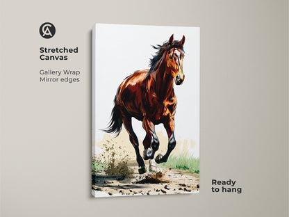 Stretched canvas of a galloping horse. The sienna brown horse art is ready to hang. Gallery wrapped with mirror edges adds a modern touch. Rustic equestrian wall art showcases animal action. It's a great bedroom decor piece for horse enthusiasts.