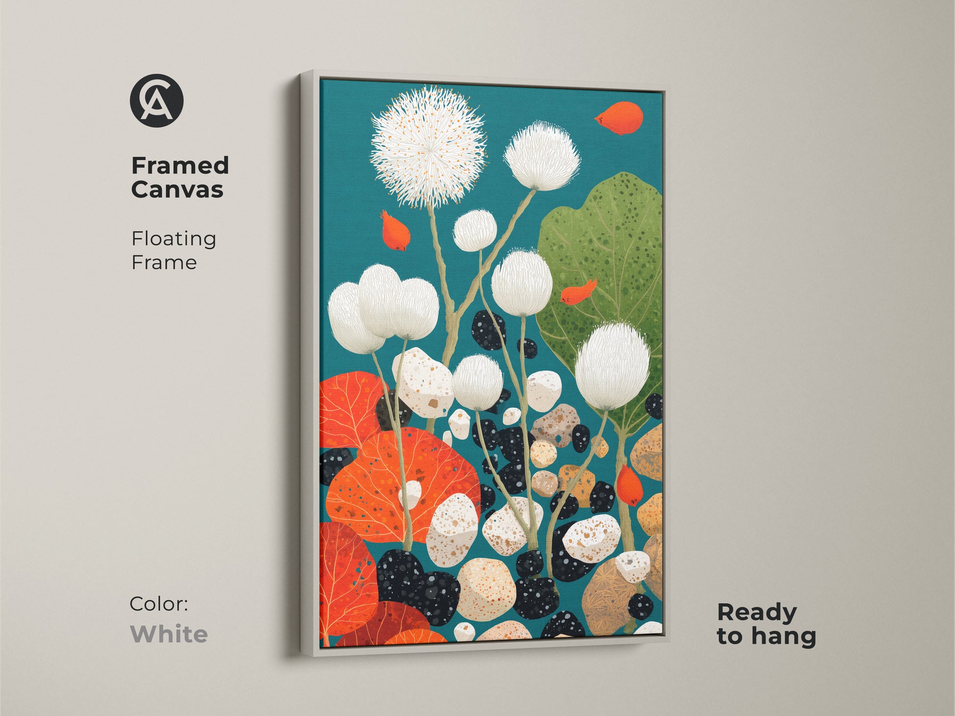 Framed abstract botanical canvas in a white floating frame. This modern folk dandelion and pebble artwork features teal and orange. A perfect housewarming gift for plant parents. Ready to hang.