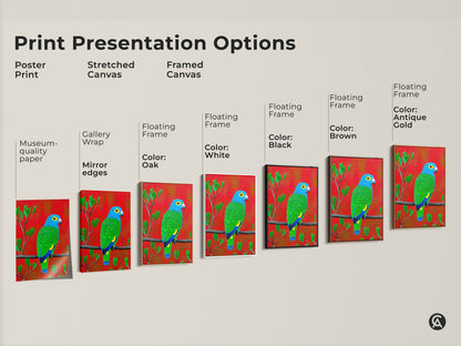 Explore print presentation options for this stunning parrot artwork. Choose from poster prints to framed canvases. Each option highlights the vibrant blue green parrot tropical theme and nature's beauty.