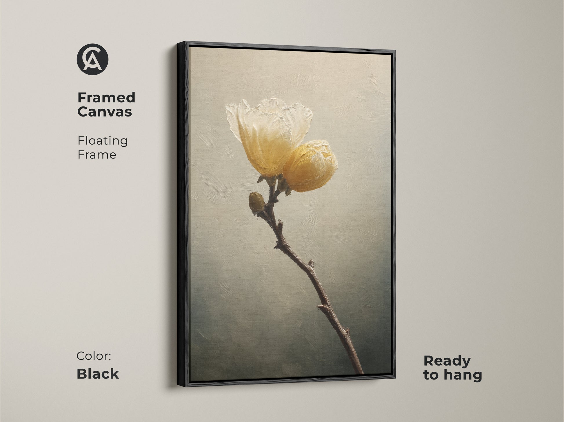 Framed canvas with a floating black frame showcases a botanical branch. This cream yellow flower canvas offers a modern farmhouse accent. The impressionist art is ready to hang for a sophisticated touch.