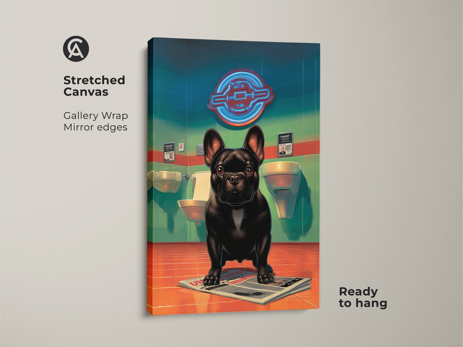 Stretched canvas art featuring a funny dog in a bathroom. This gallery-wrapped canvas has mirror edges and is ready to hang. The black French Bulldog print adds a quirky touch to any room. Ideal eclectic home office art.