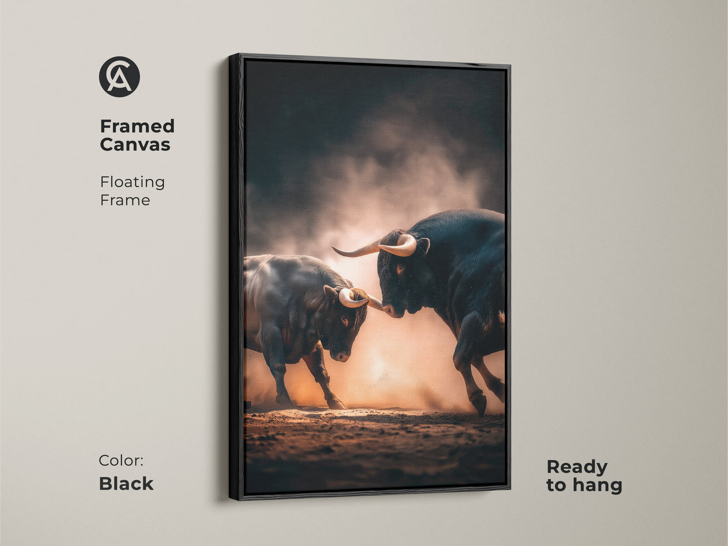 Framed canvas of two bulls fighting with a black floating frame. This animal artwork is ready to hang. It's a great addition to any room. The bull fighting artwork captures the intensity of the moment. Add drama to your walls.