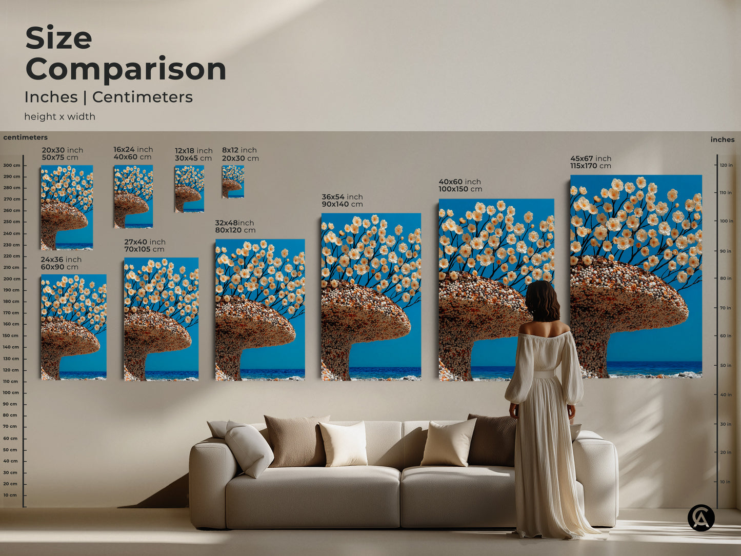 Compare sizes of this surreal botanical tree art print. See how the artwork featuring white flowers and aqua blends into your space. From small to large find the ideal canvas or poster. This unique art enhances any room's decor.