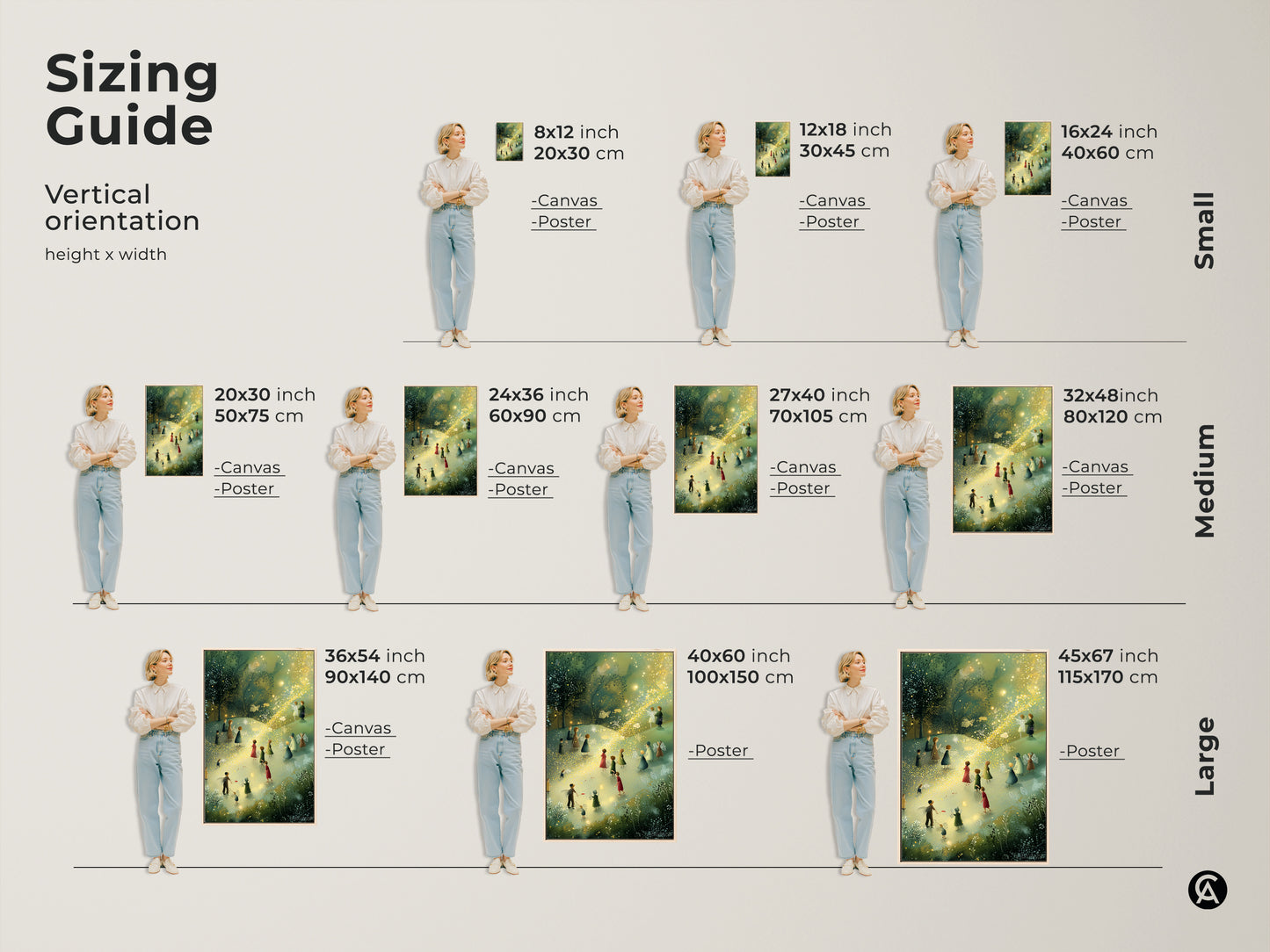 Sizing guide for the vertical orientation of the Boho Fairy Art Print. Available as canvas or poster in small medium and large sizes. Perfect for creating magical kids room decor with teal green and gold accents.