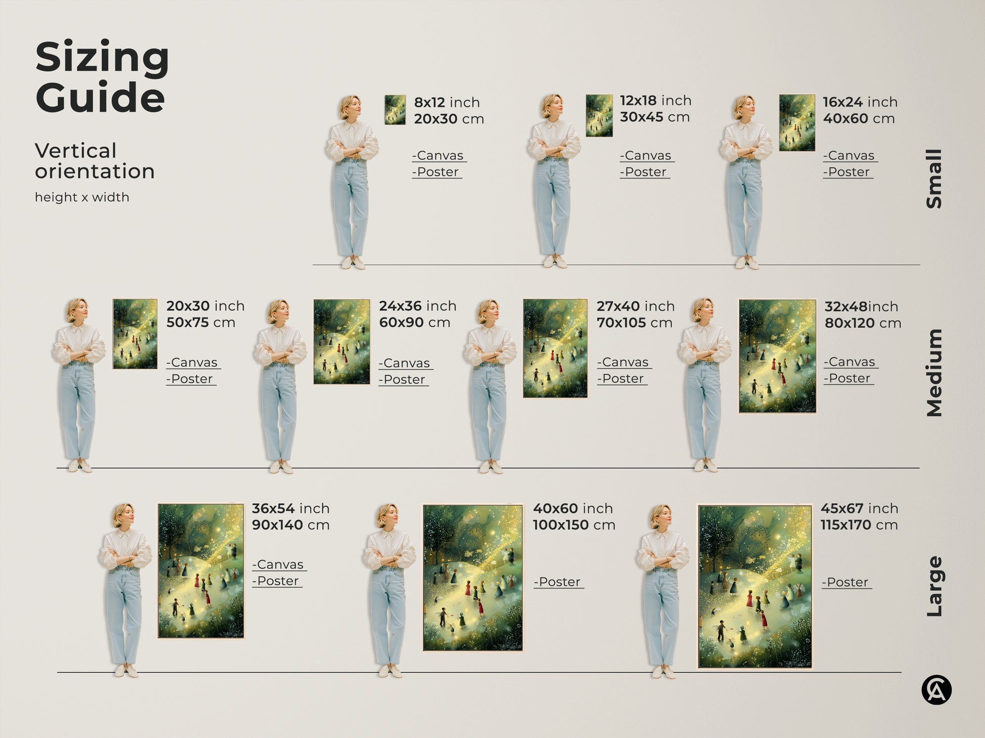 Sizing guide for the vertical orientation of the Boho Fairy Art Print. Available as canvas or poster in small medium and large sizes. Perfect for creating magical kids room decor with teal green and gold accents.