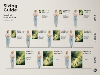 Sizing guide for the vertical orientation of the Boho Fairy Art Print. Available as canvas or poster in small medium and large sizes. Perfect for creating magical kids room decor with teal green and gold accents.