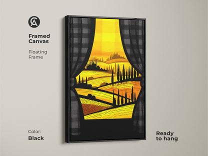 Framed canvas with a black floating frame displaying a Tuscan village art print. It features a golden landscape canvas wall art of rolling hills and cypress trees. This modern folk artwork is ready to hang and enhances any dining room decor.