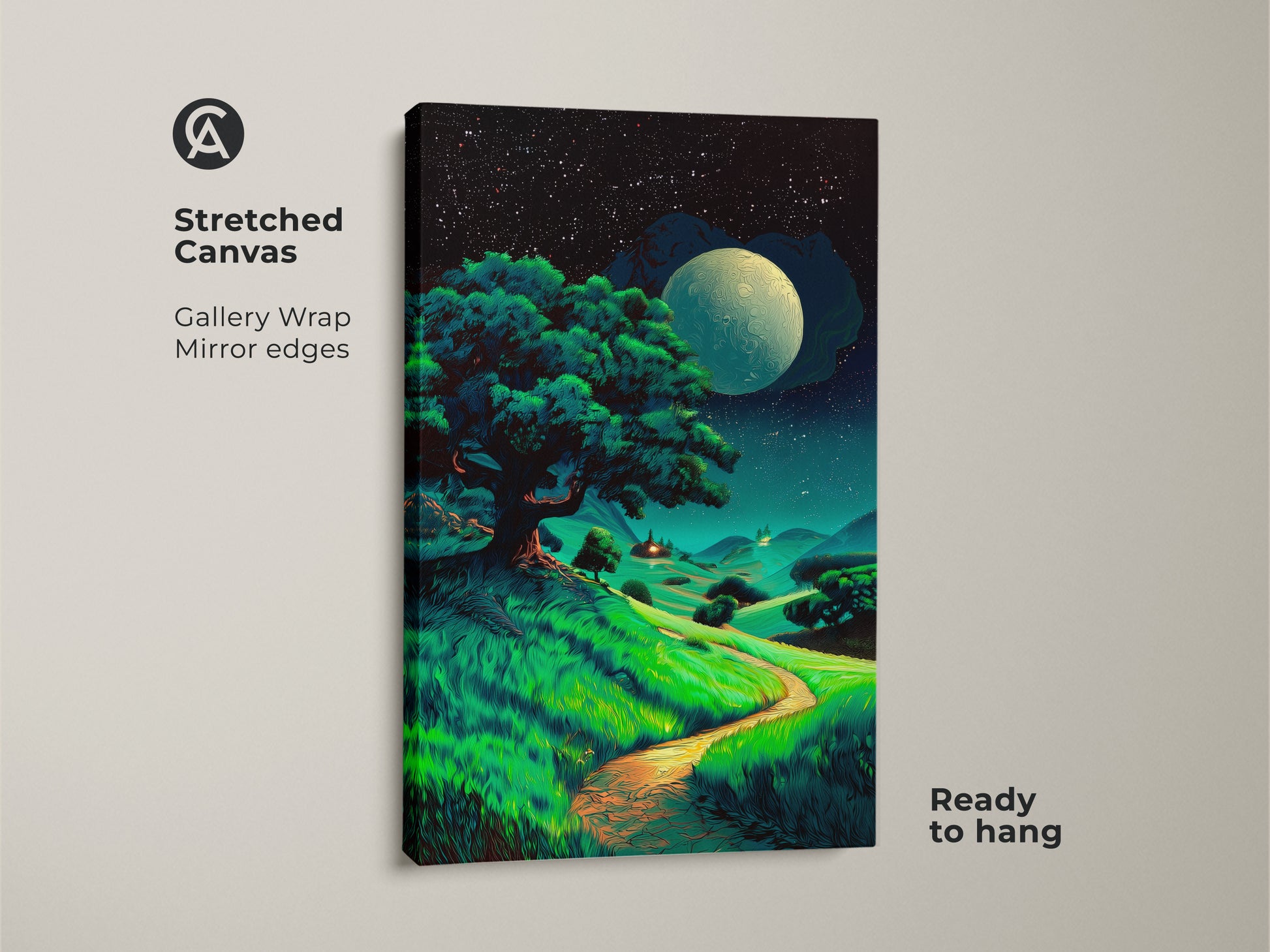 Stretched canvas moonlit tree art. This gallery wrapped fantasy landscape print has mirror edges. The starry night nature wall decor is ready to hang and enjoy as a gift.