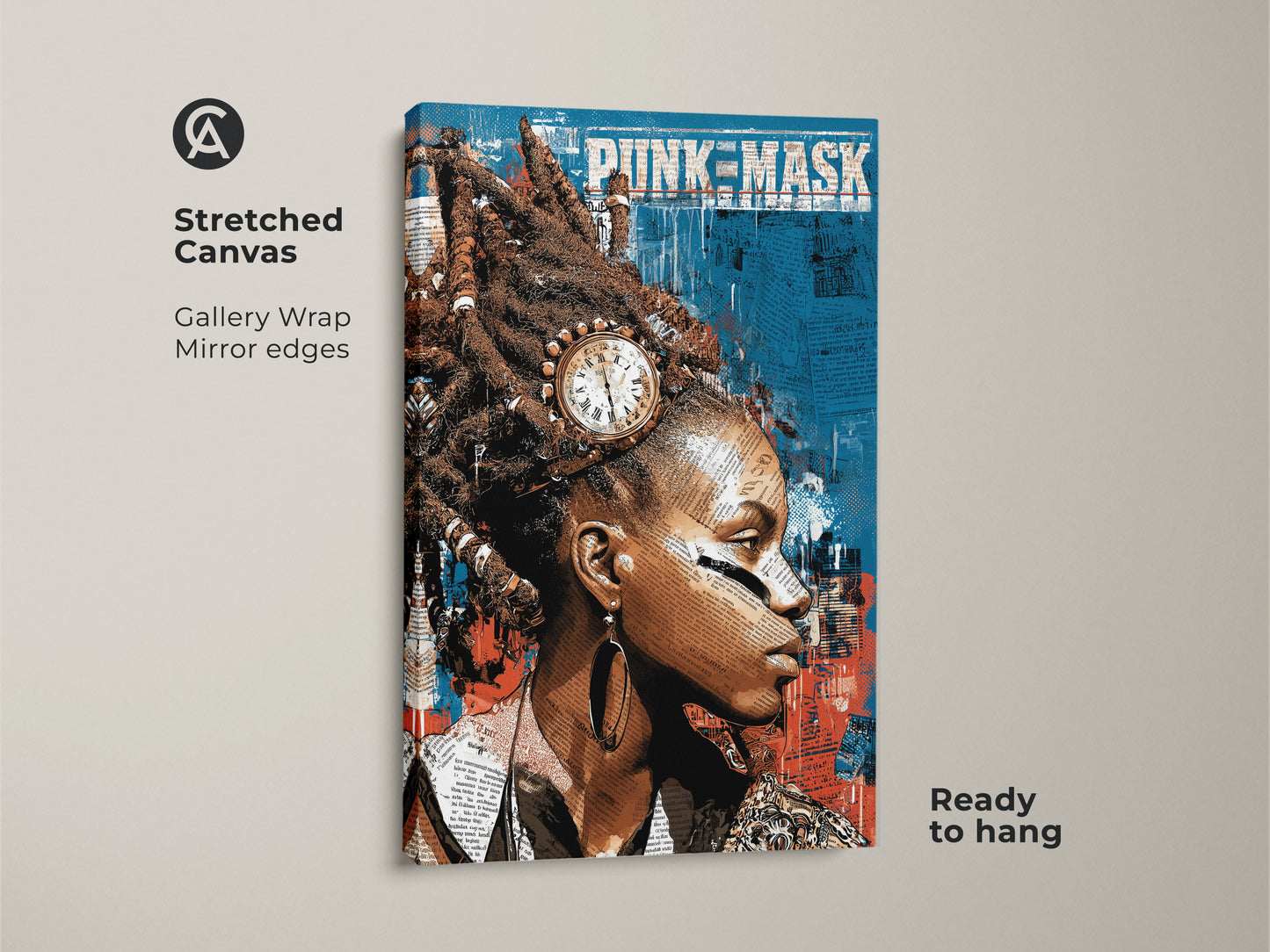 Stretched canvas showcasing punk mask canvas art with an abstract woman portrait. The teal red blue collage wall art offers eclectic home decor. This is a great hip hop fan gift.