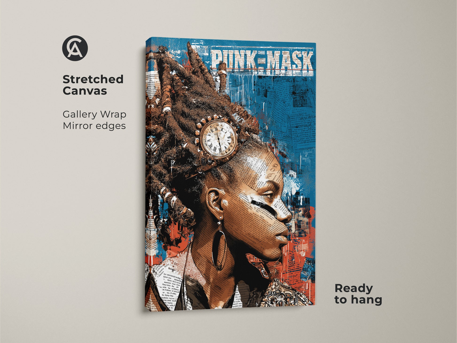 Stretched canvas showcasing punk mask canvas art with an abstract woman portrait. The teal red blue collage wall art offers eclectic home decor. This is a great hip hop fan gift.