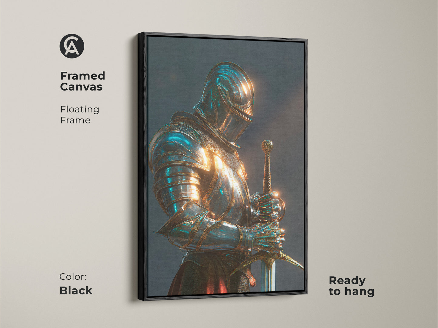 Framed canvas print featuring a knight in blue and gold armor. This fantasy knight artwork has a floating black frame. The gothic study decor is ready to hang. Ideal for office decor or a medieval warrior art collection. A regal knight canvas for a distinguished look.