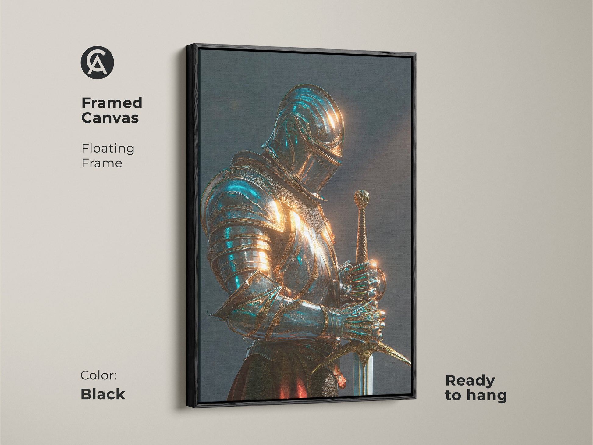 Framed canvas print featuring a knight in blue and gold armor. This fantasy knight artwork has a floating black frame. The gothic study decor is ready to hang. Ideal for office decor or a medieval warrior art collection. A regal knight canvas for a distinguished look.