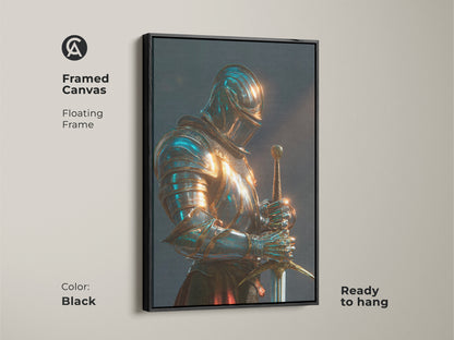 Framed canvas print featuring a knight in blue and gold armor. This fantasy knight artwork has a floating black frame. The gothic study decor is ready to hang. Ideal for office decor or a medieval warrior art collection. A regal knight canvas for a distinguished look.