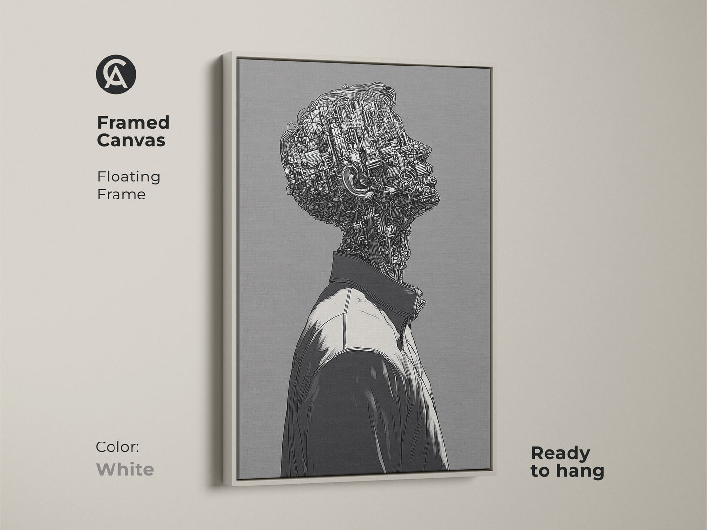 Framed canvas print featuring a cyborg man. The art is presented in a white floating frame. It is ready to hang for easy display. This artwork adds a clean and modern aesthetic to your decor.