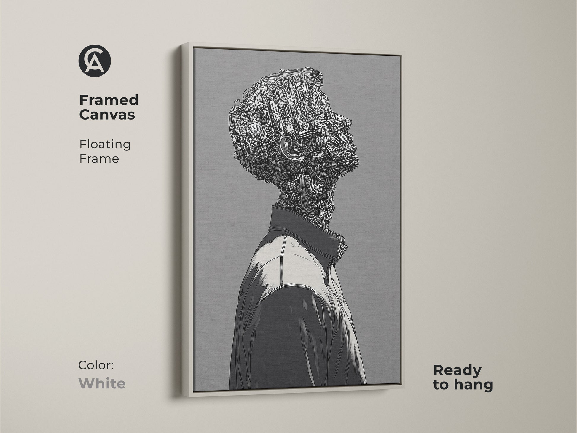 Framed canvas print featuring a cyborg man. The art is presented in a white floating frame. It is ready to hang for easy display. This artwork adds a clean and modern aesthetic to your decor.