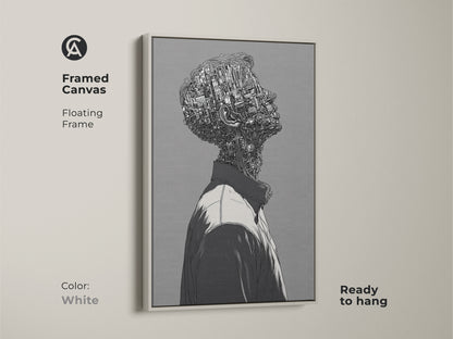 Framed canvas print featuring a cyborg man. The art is presented in a white floating frame. It is ready to hang for easy display. This artwork adds a clean and modern aesthetic to your decor.