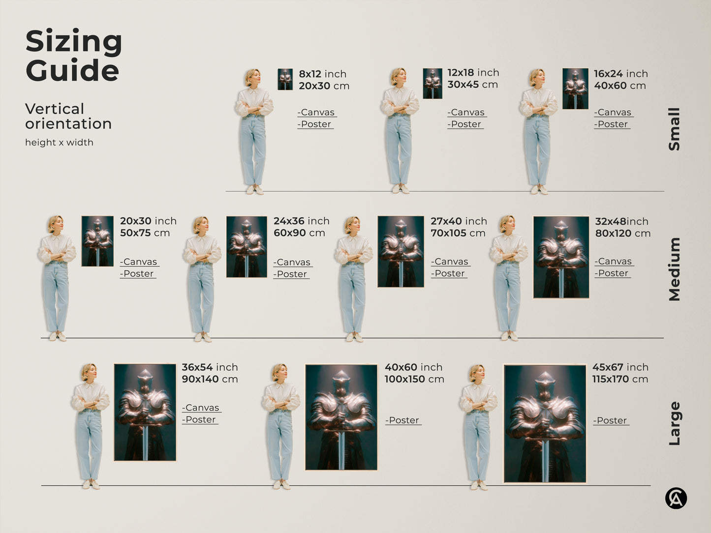 Sizing guide for the dark fantasy knight canvas art. Vertical orientation options are available. Find the perfect fit for your space. Choose from canvas or poster prints. Small medium and large sizes are shown. Enhance your gothic or medieval decor with this unique artwork.