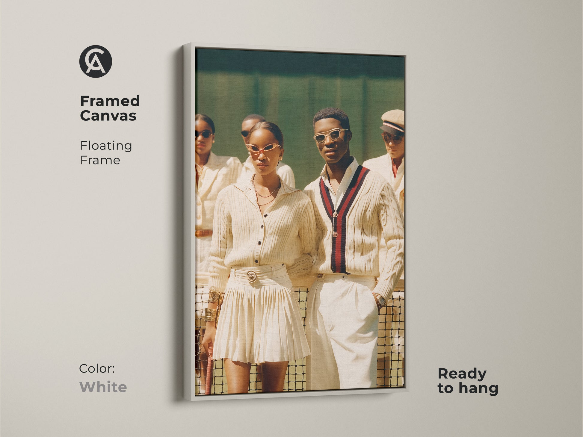 A framed canvas with a white floating frame. The artwork features a group in tennis attire ready to hang. A stylish couple stands out in sunglasses and preppy sweaters. It has a sophisticated sporty vibe.