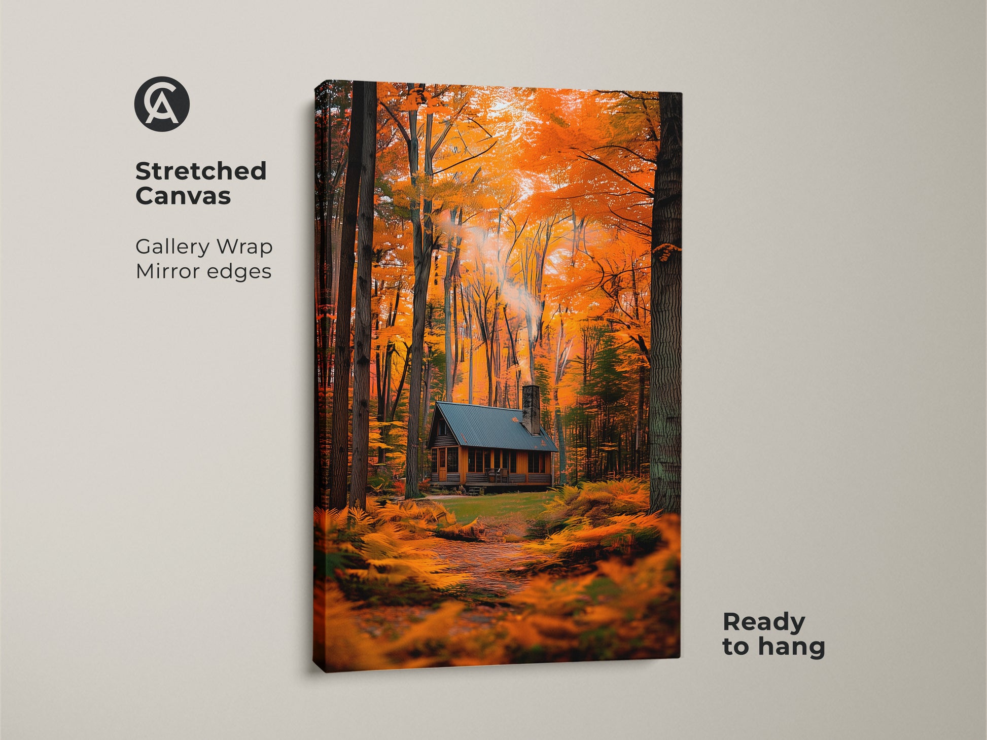 This stretched canvas art features a log cabin scene surrounded by fall foliage. Gallery wrapped with mirror edges this artwork is ready to hang. The autumn scenery brings warmth to any room. Perfect for nature lovers seeking rustic wall decor.