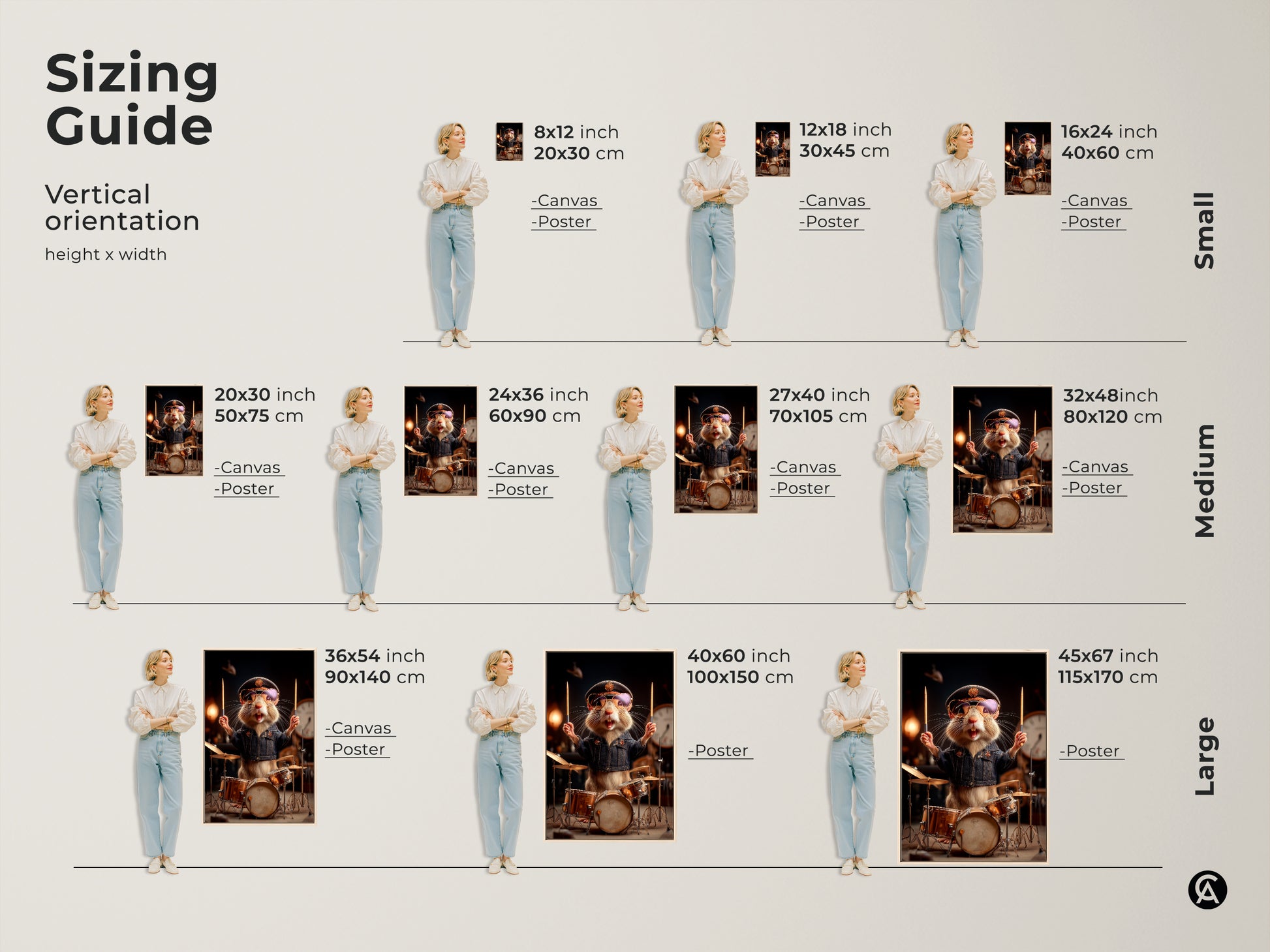Sizing guide showcasing the hamster drummer artwork. Find the perfect fit for your space with canvas and poster options. This piece transforms any room. Vertical orientation of art is easy to see.