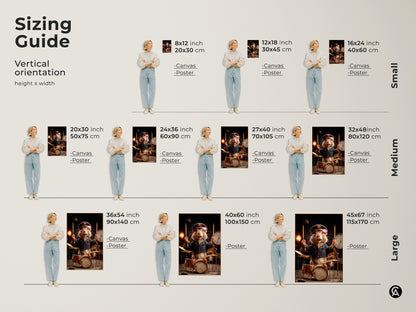 Sizing guide showcasing the hamster drummer artwork. Find the perfect fit for your space with canvas and poster options. This piece transforms any room. Vertical orientation of art is easy to see.